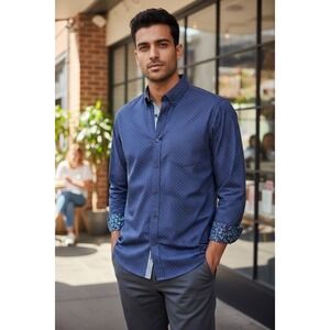 Nailon Men's Navy Blue Dotted Long Sleeve Button Down Shirt Patterned Cuffs